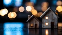 Miniature wooden houses with glowing windows on reflective surface against blurred bokeh lights creating cozy evening atmosphere. Concept of neighborhood and home comfort.