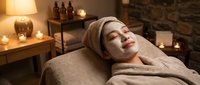 Young woman enjoying relaxing spa facial treatment with clay mask in candlelit wellness center with natural stone walls and aromatherapy bottles.