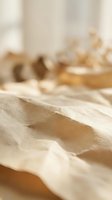 Soft beige linen fabric with natural wrinkles in warm sunlight creating cozy bedroom atmosphere with blurred wooden furniture background.