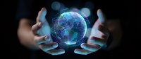 Hands protecting glowing digital earth globe with network connections on dark background for technology and environmental concepts.