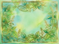 Watercolor botanical frame with green leaves and delicate flowers arranged around edges, featuring soft yellow and turquoise gradient background. Isolated design element suitable for invitations, greeting cards, and decorative projects.