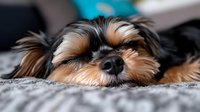 Sleeping Yorkshire Terrier puppy close-up on gray textile, showing adorable face with closed eyes and distinctive black and tan fur markings.