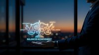 Businessman holding glowing holographic scale showing balanced achievement with efficiency, growth, impact and well-being icons at sunset through office windows.