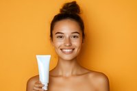 Young mixed race woman with natural makeup and hair bun holding white cosmetic tube against orange background, showing bright smile and clean bare shoulders.