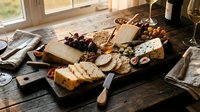 Artisanal cheese and charcuterie board with crackers, nuts, grapes and wine on rustic wooden table. Gourmet appetizer platter for entertaining and dining.