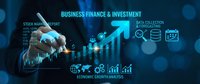 Business professional analyzing financial data with digital growth charts and investment icons on futuristic blue technology interface background.