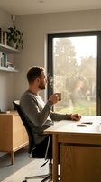 Young bearded man drinking coffee at modern home office desk by window with natural light, remote work lifestyle and morning routine concept.