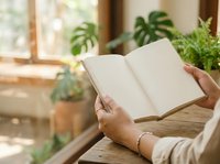 Person holding open blank notebook at wooden table with potted plants and window in background, suitable for journaling, writing, planning, education, and lifestyle content.