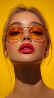 Young woman with closed eyes wearing orange-tinted sunglasses against yellow background. Dramatic makeup with red lips and glowing skin creates modern fashion portrait.