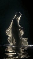 Mysterious ethereal figure in flowing white fabric standing in dark water with dramatic backlighting creating silhouette effect and water reflections.