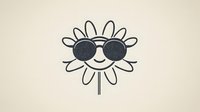 Smiling daisy flower wearing round sunglasses drawn in minimalist line art style on textured beige background. Fun summer concept for greeting cards and prints.