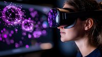 Young Caucasian woman wearing VR headset experiencing virtual reality with glowing purple particle effects and bokeh lights in dark environment. For technology advertising.
