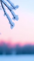 Snowy tree branches against pink and blue winter sunset sky, creating dreamy atmospheric nature scene with soft gradient colors and delicate frost details.