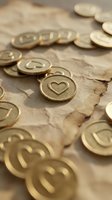 Gold coins with heart symbol scattered on crumpled kraft paper, representing love, charity, investment, and financial growth for business and lifestyle concepts.