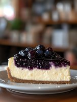 Creamy vanilla cheesecake slice topped with fresh blueberry compote on graham cracker crust, served on white plate with blurred restaurant background.
