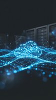 Digital cloud computing technology with glowing circuit patterns and network connections in modern data center environment for business solutions.