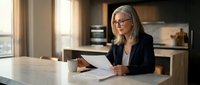 Mature businesswoman with gray hair and glasses reviewing documents at modern kitchen counter in bright home office space.