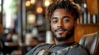 Young African American man with dreadlocks and beard smiling confidently in modern barbershop chair with warm bokeh lighting and professional salon interior.