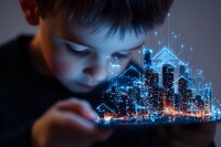 Young boy looking at glowing futuristic cityscape hologram emerging from digital device, creating magical atmosphere with blue technology visualization.