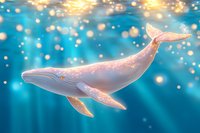 Magical glowing whale swimming in deep blue ocean waters surrounded by sparkling golden lights and ethereal underwater atmosphere. Dreamy marine fantasy art.