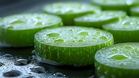 Fresh cucumber slices with water drops on dark background, macro photography showing juicy texture and natural freshness for healthy eating concept.