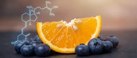 Fresh orange slice with blueberries and vitamin C molecular structure overlay on dark surface for nutrition and health concept.