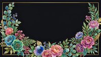 Watercolor floral frame with colorful roses and peonies on dark background, gold border, copy space for wedding or greeting card design.