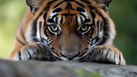 Close up portrait of majestic tiger with intense blue eyes resting head on paws, showing detailed facial features against blurred natural background.