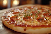 Fresh pepperoni pizza with melted mozzarella cheese and herbs on wooden surface, shallow depth of field creates appetizing focus on toppings and crust.