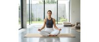 Young woman practicing yoga meditation in lotus pose on mat in modern bright living room with large windows and natural light for wellness and mindfulness.