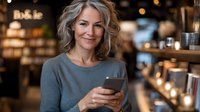 Smiling blonde Caucasian woman using smartphone in cozy coffee shop with warm lighting and blurred background for lifestyle and technology concepts.