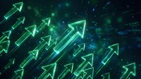 Neon glowing arrows pointing upward on dark digital background, representing growth, success, progress and financial increase in business and technology sectors.
