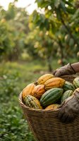 Fresh cacao pods in wicker basket at organic plantation ready for chocolate production and sustainable farming practices.