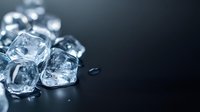Melting ice cubes with water drops on dark reflective surface, dramatic lighting creates crystal-like sparkle effect against black background for beverage and cooling concepts.