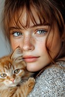 Young woman with freckles and blue eyes holding ginger cat close to face, wearing cozy knit sweater. Natural daylight portrait showing tender connection.