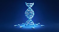 DNA double helix structure with pharmaceutical capsules on blue background for medical research and genetic therapy concepts.