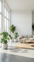 Bright minimalist living room with potted green plants, beige sofa, wooden furniture, and large windows flooding the space with natural light for contemporary home decor and interior design projects.