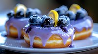 Fresh baked donuts topped with purple glaze, fresh blueberries and lemon slices on white plate, close up view of sweet pastry dessert with fruit garnish.