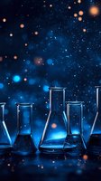 Laboratory glassware with magical blue liquid against dark background with glowing particles and bokeh lights creates mystical scientific atmosphere.