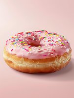 Freshly baked donut with pink frosting and colorful sprinkles on pastel background, perfect for bakery advertising or dessert menu.