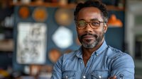 Confident mature African American male professional wearing glasses and denim shirt smiles warmly in modern office environment with blurred background lighting.