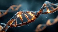 Glowing DNA double helix structure with golden light effects and particles in dark blue background for genetic research and biotechnology concepts.