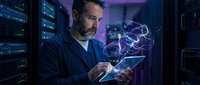 Male IT professional with dark hair and beard, wearing dark blue shirt, holding tablet in server room with glowing holographic data visualization and network infrastructure in background.