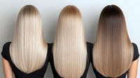 Three women with long straight hair in different shades from platinum blonde to brown showing back view, demonstrating professional hair coloring and styling results.
