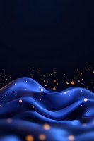 Abstract blue wavy surface with glowing orange particles floating above against dark background, creating dynamic flow and magical atmosphere.