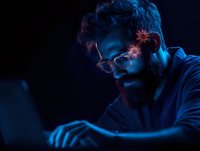 Young bearded man in glasses working at computer in dark room with blue neon lighting and virus particles around head, representing cybersecurity threat.