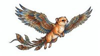 Winged dog with golden and blue feathered wings flying upward, isolated on white background, suitable for clipart, t-shirt design, and creative projects.
