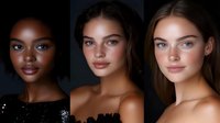 Diverse female portraits showing different ethnicities and skin tones against dark background, dramatic lighting emphasizes natural beauty and facial features.