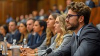 Diverse business professionals attending corporate conference or seminar in modern auditorium, focus on bearded man in glasses listening attentively to presentation.