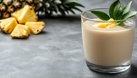 Creamy pineapple smoothie garnished with fresh leaves and fruit slice on gray concrete background, fresh tropical cocktail with cut pineapple pieces.